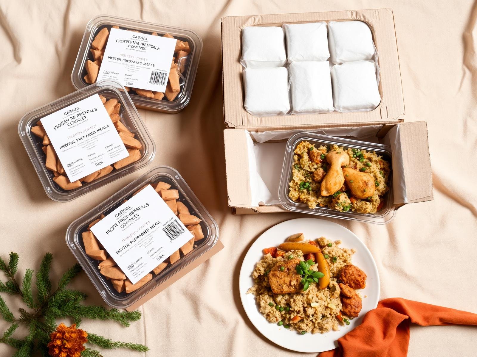 Aligneats sealed frozen meal trays, insulated delivery box, and plated meal