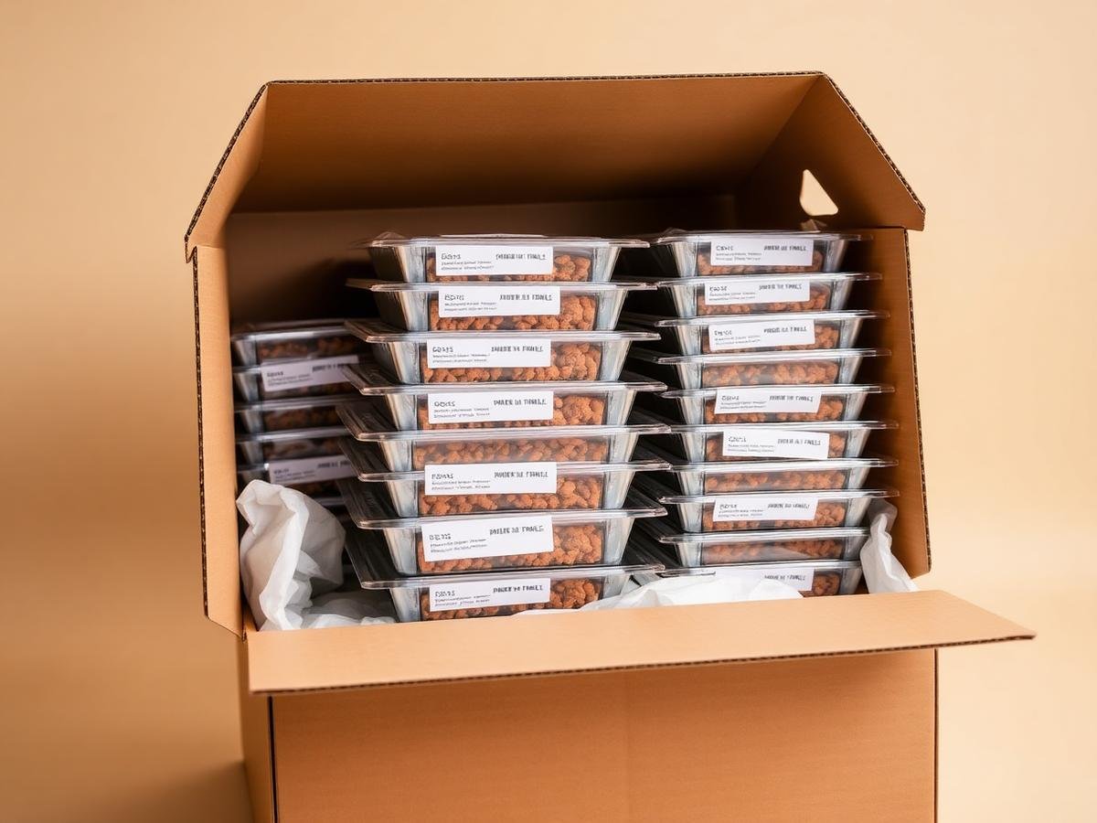 Open Aligneats weekly box with sealed frozen meals
